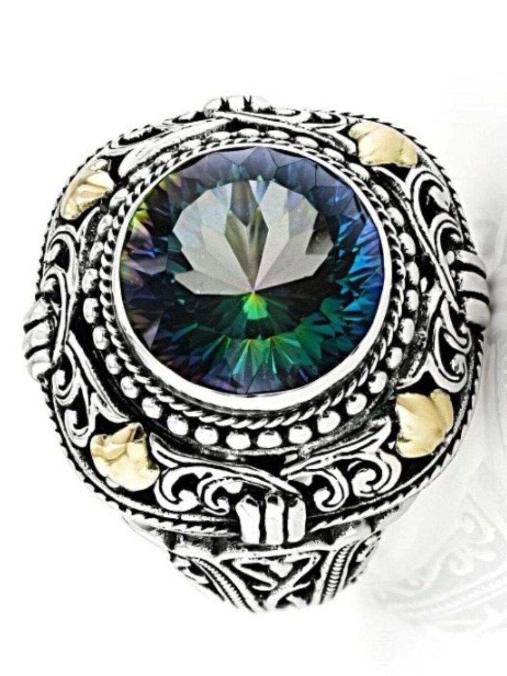 ROBERT MANSE BALI ARTISAN Quartz Silver & 18K Gold FILIGREE RING SIZE 8 MINT